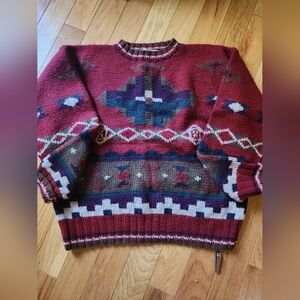 Vintage Aztec Wool L.L. Bean Men's Burgundy Patterned Crewneck Sweater